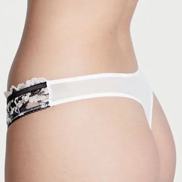 VS L Embroidered Lace Thong Panty White w/ Black Embroidery NWT - Picture 10 of 15